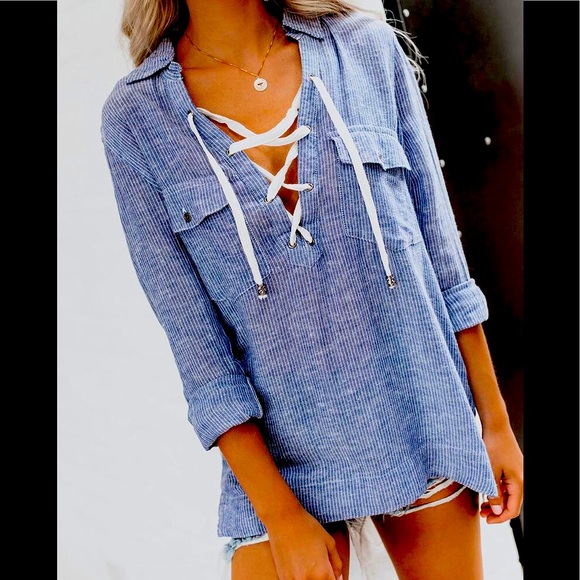 Pinstripes V Neck W/ Shoestring Lace Up Front Pockets Blue Dress Shirt - Picture 5 of 8